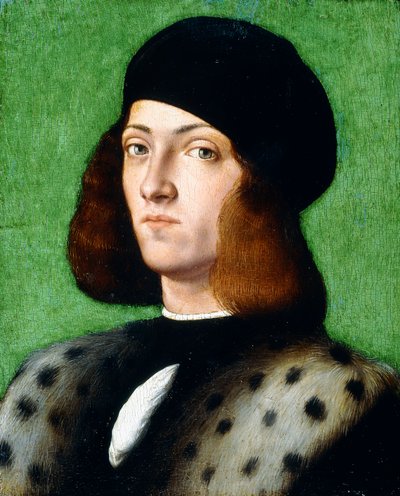 Portret młodego dżentelmena, do biustu, w czarnej czapce i czarnym płaszczu, 1506 autorstwa Andrea Previtali
