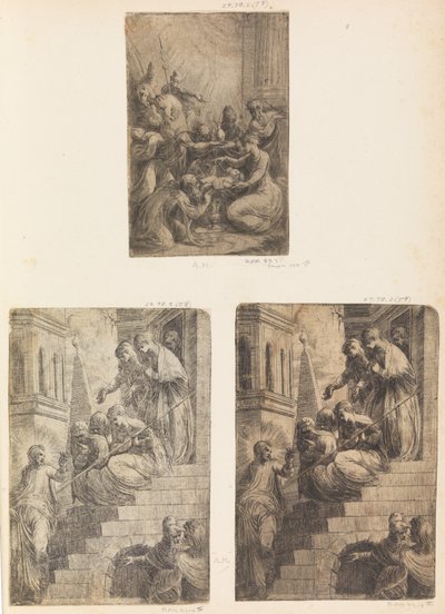 Adoracja Trzech Króli, Chrystusa i Niewiast na Schodach, ca. 1541-44 . autorstwa Andrea Schiavone