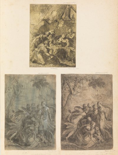Adoracja pasterzy, Mojżesz wybawiony z Nilu, ok. godz. 1540-44. autorstwa Andrea Schiavone