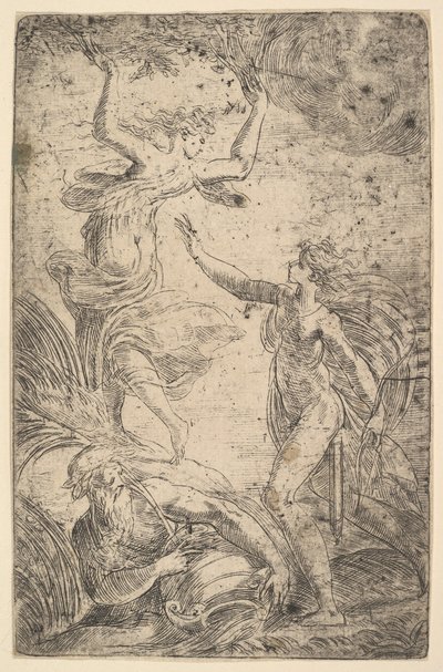 Apollo po prawej trzymający łuk goni Daphne po lewej, ca. 1538-40. autorstwa Andrea Schiavone