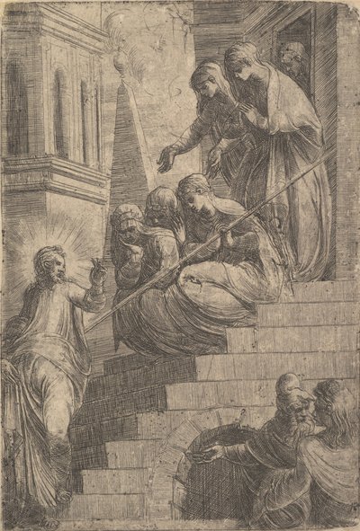 Chrystus zwracając się do grupy kobiet siedzących i stojących na stopniach, ok. godz. 1541-44. autorstwa Andrea Schiavone