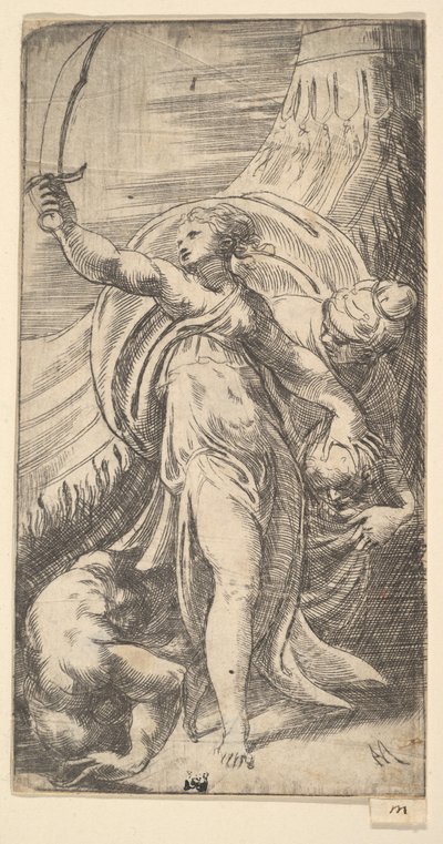 Judyta uniosła miecz w prawej ręce, umieszczając głowę Holofernesa w sa..., ca. 1542-45. autorstwa Andrea Schiavone
