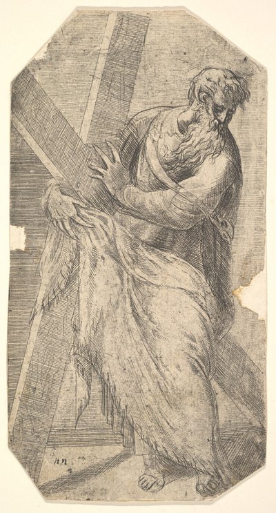 Św. Andrzej trzymający duży krzyż, z „Chrystusa i apostołów”, ca. 1548-50. autorstwa Andrea Schiavone