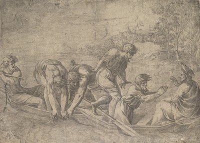 Cudowny połów ryb, Chrystus po prawej w towarzystwie apostołów w..., ok.1548-52. autorstwa Andrea Schiavone