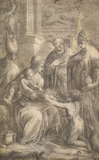 Różni święci świadkowie hołdu Jana Chrzciciela dla Dzieciątka Chrystus. autorstwa Andrea Schiavone