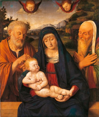 Madonna z Dzieciątkiem ze świętymi Józefem i Symeonem – Andrea Solario (1470-1524), tempera i olej na desce, przeniesione na płótno autorstwa Andrea Solario