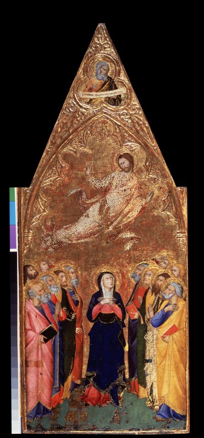„Wniebowstąpienie Chrystusa” Poniżej Maryja Dziewica i apostołowie obserwujący Jezusa Chrystusa. Powyżej przedstawienie proroka Jeremiasza. Tempera na desce autorstwa Andrea Vanni (1332-1414) 1355-1360 Wymiary 68x28 cm Ermitaż, Sankt Petersburg (Saint-Pete autorstwa Andrea Vanni