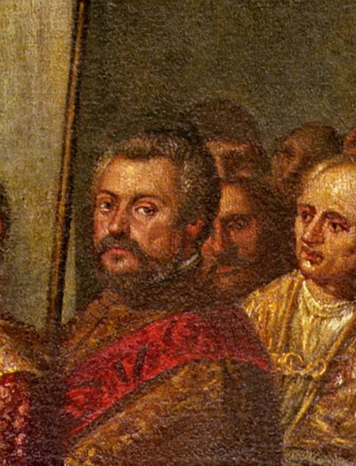 Senator wenecki, fragment króla Francji Henryka III odwiedzającego Wenecję w 1574 r., z Pokoju Czterech Drzwi (detal z 71525) autorstwa Andrea Vicentino