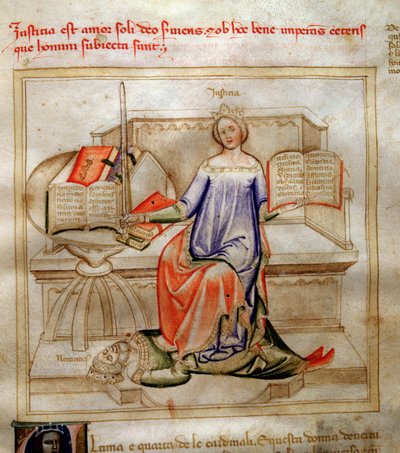 Alegorie sprawiedliwości w „Pieśni o cnotach i naukach” Bartolomeo di Bartoli. Akwarela autorstwa Andrei di Bartoli (aktywna w latach 1358-1368) (ms. 599, fol autorstwa Andrea de Bartoli