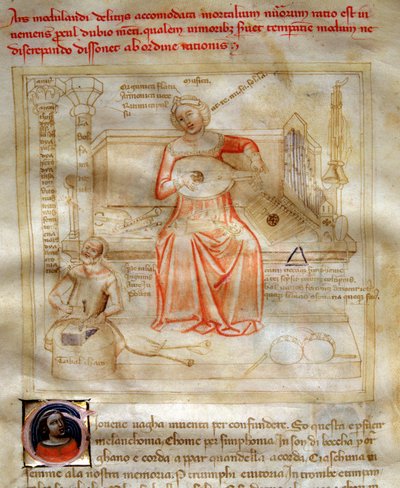 Allegorie de la Musique w „”Chansonne des sept Vertus et des sept Arts liberales destinee à Bruzio Visconti” (La Canzone delle Virtu e delle Scienze) Bartolomeo di Bartoli. Akwarela Andrei di Bartoli (czynna w latach 1358-1368) (ms. 599, fol. autorstwa Andrea de Bartoli