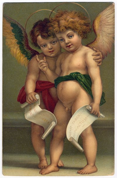 Dwa anioły. Pobożny wizerunek według malarza ANDREA DEL SARTO (1486-1530), Drezno, ok. 1910 (chromolitografia) autorstwa Andrea del (after) Sarto