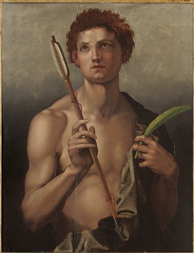 Święty Sebastian ze strzałą w prawej ręce i męczeńską dłonią w lewej autorstwa Andrea del Sarto