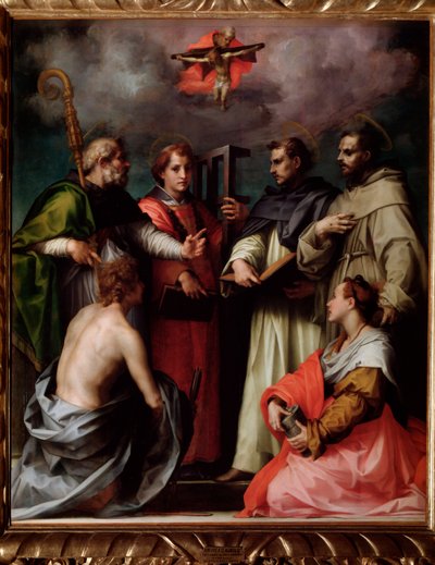 Spór Trójcy Świętej ze św. Piotrem, św. Wawrzyńca, św. Augustyna z Hippony, św. Franciszka, św. Sebastiana, św. Marii Magdaleny (Obraz, ok. 1517) autorstwa Andrea del Sarto