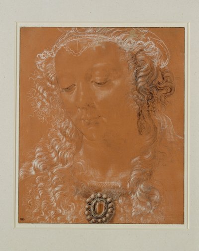 Głowa kobiety ze spuszczonymi oczami, zwrócona lekko w lewo ... autorstwa Andrea del Verrocchio