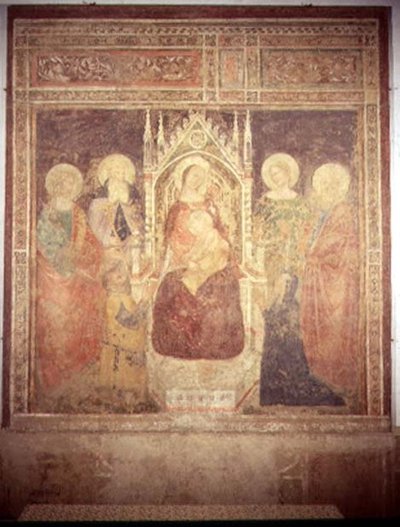Madonna z Dzieciątkiem z Św. Elia, Jan Chrzciciel, Mikołaj i Leonard (fresk) autorstwa Andrea di Bonaiuto (fl.1343 77)