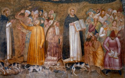 Triumf wojującego kościoła: Tomasz z Akwinu przed heretykami i na dole, Fra Dolcino zerwał oficjalną doktrynę Kościoła. Kaplica Hiszpanów (Detal fresku, 1365) autorstwa Andrea di Bonaiuto (fl.1343 77)