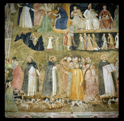 Św. Dominik wysyła ogary Pana, ze św. Piotrem Męczennikiem i św. Tomaszem z Akwinu, c.1369 autorstwa Andrea di Bonaiuto