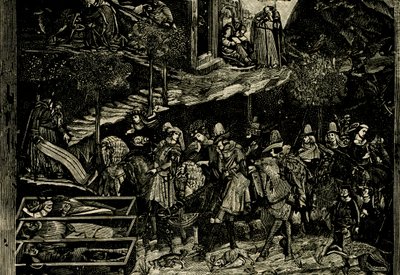 Jazda konna, fragment Triumfu Śmierci, fresk Andrei Orcagny (ok. 1315-1368), Piza, Toskania, Włochy, drzeworyt z Le cento citta d
