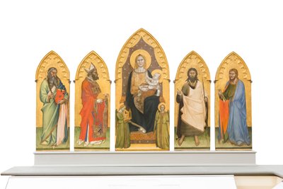 Madonna and Child entronizado com esmalte de santos autorstwa Andrea di Cione Orcagna