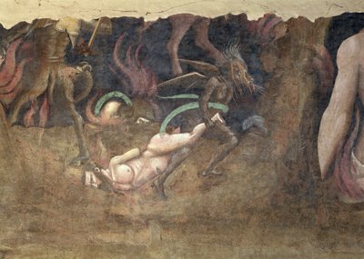 Triumf śmierci, fragment diabła unoszącego grzesznika do piekła, fresk z 1348 r autorstwa Andrea di Cione Orcagna
