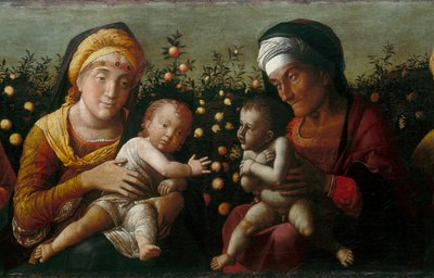Święta Rodzina ze świętymi Elżbietą, Janem i Zacharym, detal autorstwa Andrea school of Mantegna