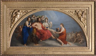 Olimp (Jowisz, ukoronowany mirtą przez Godziny, ofiarowuje Ganimedesowi globus do podania nektaru) autorstwa Andrea the Elder Appiani