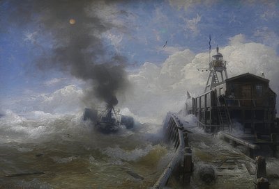 Holownik opuszcza port w Ostendzie podczas przypływu. 1878 autorstwa Andreas Achenbach