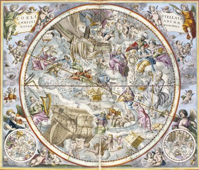 Mapa chrześcijańskich konstelacji w ujęciu Juliusa Schillera z Atlasu niebieskiego lub Harmonii wszechświata atlas coelestis seu harmonia macrocosmica pub. Joannes Janssonius, Amste autorstwa Andreas Cellarius