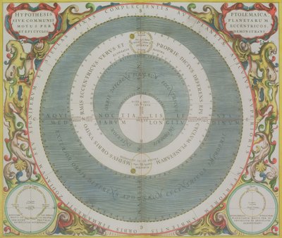 System Ptolemejski, z „Atlasu Niebieskiego, czyli Harmonii Wszechświata” (Atlas coelestis seu harmonia macrocosmica) wyd. Joannes Janssonius, Amsterdam, 1660-61 (ręcznie barwiony grawerunek) autorstwa Andreas Cellarius