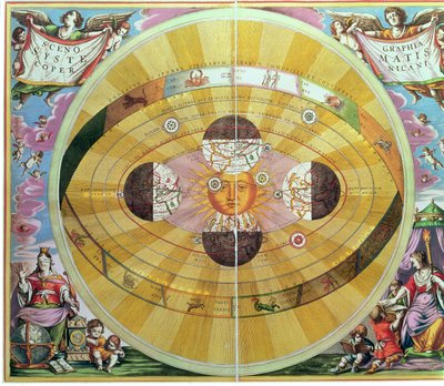 Scenographia: Systematis Copernicani Wykres astrologiczny (ok. 1543) opracowany przez Mikołaja Kopernika (1473-1543), z „Atlasu Niebieskiego, czyli Harmonii Wszechświata” autorstwa Andreas Cellarius