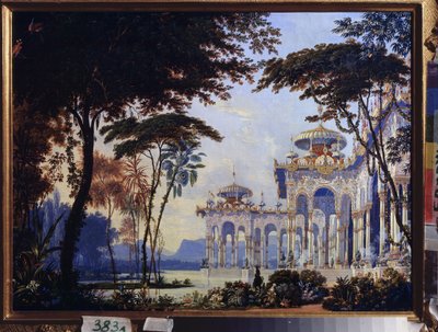 Pałac - Dekoracja przygotowawcza do opery „Rousłan i Ludmiła” Michaiła Glinki (1804-1857) - Scenografia do opery Rusłan i Ludmiła M Glinki - Dzieło Andreasa Leonharda Rollera (1805-1891), akwarela i gwasz na papierze autorstwa Andreas Leonhard Roller