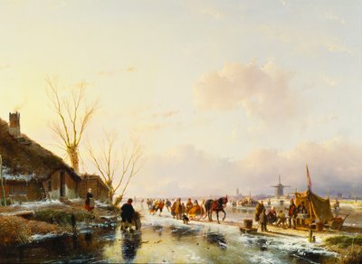 Łyżwiarze przy budce na zamarzniętej rzece, 1850 autorstwa Andreas Schelfhout