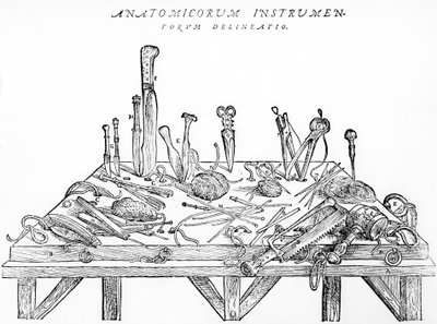 Instrumenty do sekcji, ilustracja z „Ciała ludzkiego” autorstwa Andreas Vesalius