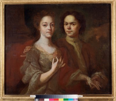 Autoportret z żoną (Autoportret z żoną) - Obraz Andrieja Matwiejewicza Matwiejewa (Matwiejewa) (1701-1739), olej na płótnie, ok. 1729 - Sztuka rosyjska, XVIII-wieczny portret - Państwowe Muzeum Rosyjskie, Sankt Petersburg autorstwa Andrei Matveyev