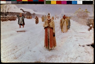 Niedziela (niedziela). Zimą, na zaśnieżonej drodze w Wielkim Księstwie Moskiewskim, w niespokojnych czasach (XVI-XVII w.) starej Rosji, z kościoła wracają bojarzy (dziki, bojarów), mężczyźni i kobiety w tradycyjnych strojach. Obraz Andre autorstwa Andrei Petrovich Ryabushkin