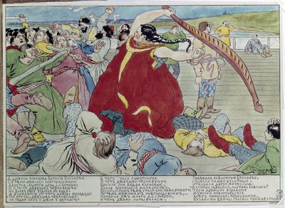 Pokojówka pokonująca Nowogrodzian (Pokojówka pokonująca Nowogrodzian). Ilustracja tradycyjnej opowieści z mitologii, z bohaterką broniącą wolności i niepodległości narodu rosyjskiego. Praca Andrieja Pietrowicza Riabuszkina (Riabutchkina) (1801- autorstwa Andrei Petrovich Ryabushkin