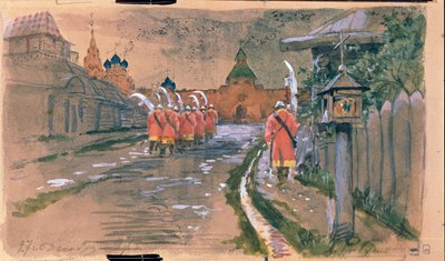 Patrol uliczny przy Bramie Iljinskiej w starej Moskwie. Praca Andrieja Pietrowicza Ryabuszkina (Riaboutchkine) (1861-1904), akwarela na papierze autorstwa Andrei Petrovich Ryabushkin