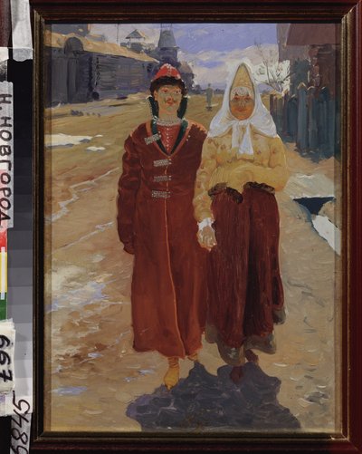 Zwiedzanie wycieczki. (para eleganckich Bojarzy (boirów, bojarów) w tradycyjnych strojach, idących ulicą wioski z drewnianymi domami.) Obraz Andrieja Pietrowicza Riabuszkina (Riaboutchkine) (1861-1904), olej na płótnie autorstwa Andrei Petrovich Ryabushkin