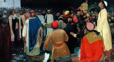 Hrabia Gleb zabija maga na zgromadzeniu nowogrodzkim autorstwa Andrei Petrovitch Rjabuschkin