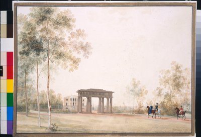 „Brama do parku w Carskim Siole” Andrieja Jefimowicza Martynowa (1768-1826), Gwasz na papierze po 1821, 38,5x51,5, Państwowa Galeria Trietiakowska, Moskwa autorstwa Andrei Yefimovich Martynov