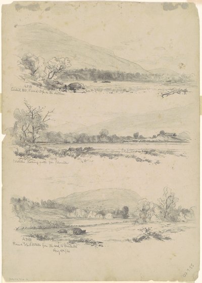 Góry Catskill, zaokrąglone szczyty w oddali; Catskills patrząc na północ od Palenville; i Round Top, Catskills, od drogi do wsporników [verso] autorstwa Andrew Fisher Bunner