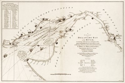 Mapa zatoki i rzeki Delaware, zawierająca pełny i dokładny opis brzegów, zatok, portów, sondowań, mielizn, piasków i namiarów najważniejszych znaków lądowych, od przylądków do Filadelfii. autorstwa Andrew & Haydon W. Dury
