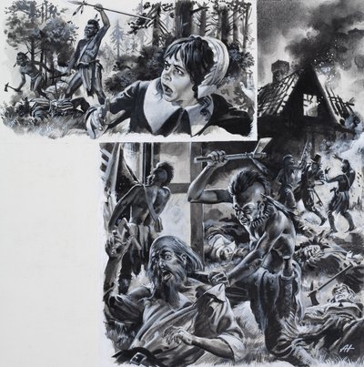 Ataki Indian na migrujących osadników (gwasz na papierze) autorstwa Andrew Howat