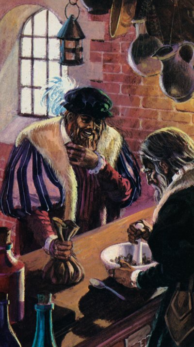 Zakup sproszkowanego rogu jednorożca w średniowieczu (kolorowa litografia) autorstwa Andrew Howat