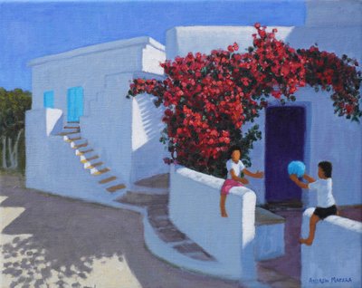 Gra w piłkę, Samos, Grecja, 2022 (olej na płótnie) autorstwa Andrew Macara
