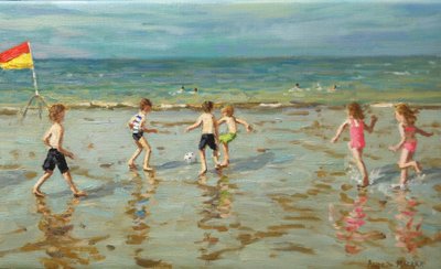 Piłka nożna na plaży, Sheringham, 2018 (olej na płótnie) autorstwa Andrew Macara