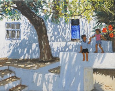 Niebieskie drzwi, Mykonos, Grecja, 2024 (olej na płótnie) autorstwa Andrew Macara