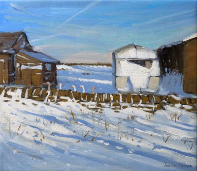 Karawana i gęsi, Derbyshire, 2011 (olej na płótnie) autorstwa Andrew Macara