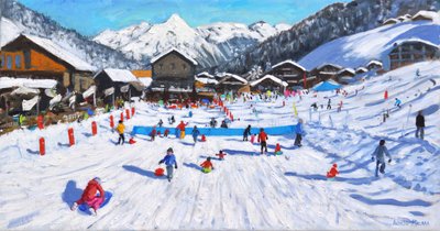 Dzieci na sankach, Les Gets, Francja, autorstwa Andrew Macara
