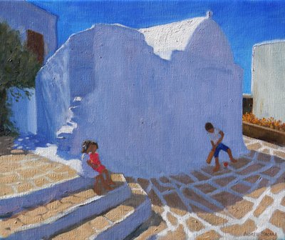 Krykiet przy murze kościoła, Mykonos (olej na płótnie) autorstwa Andrew Macara